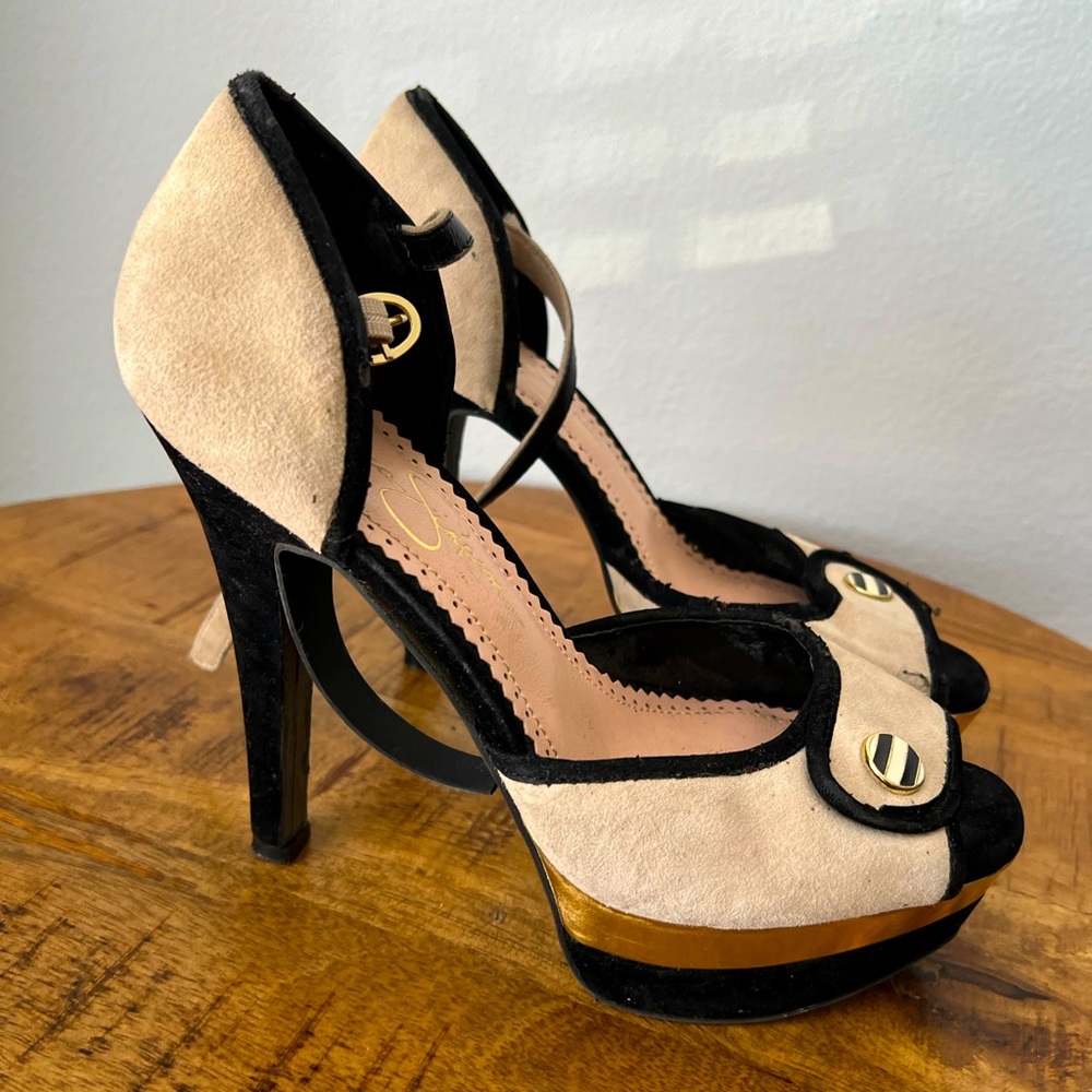 Cream and Black Suede Heels